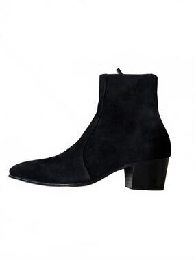 OSSTONE Ankle Boots Chelsea Men Zip-up Suede Casual Heel Shoes JY040-Black-7.5
